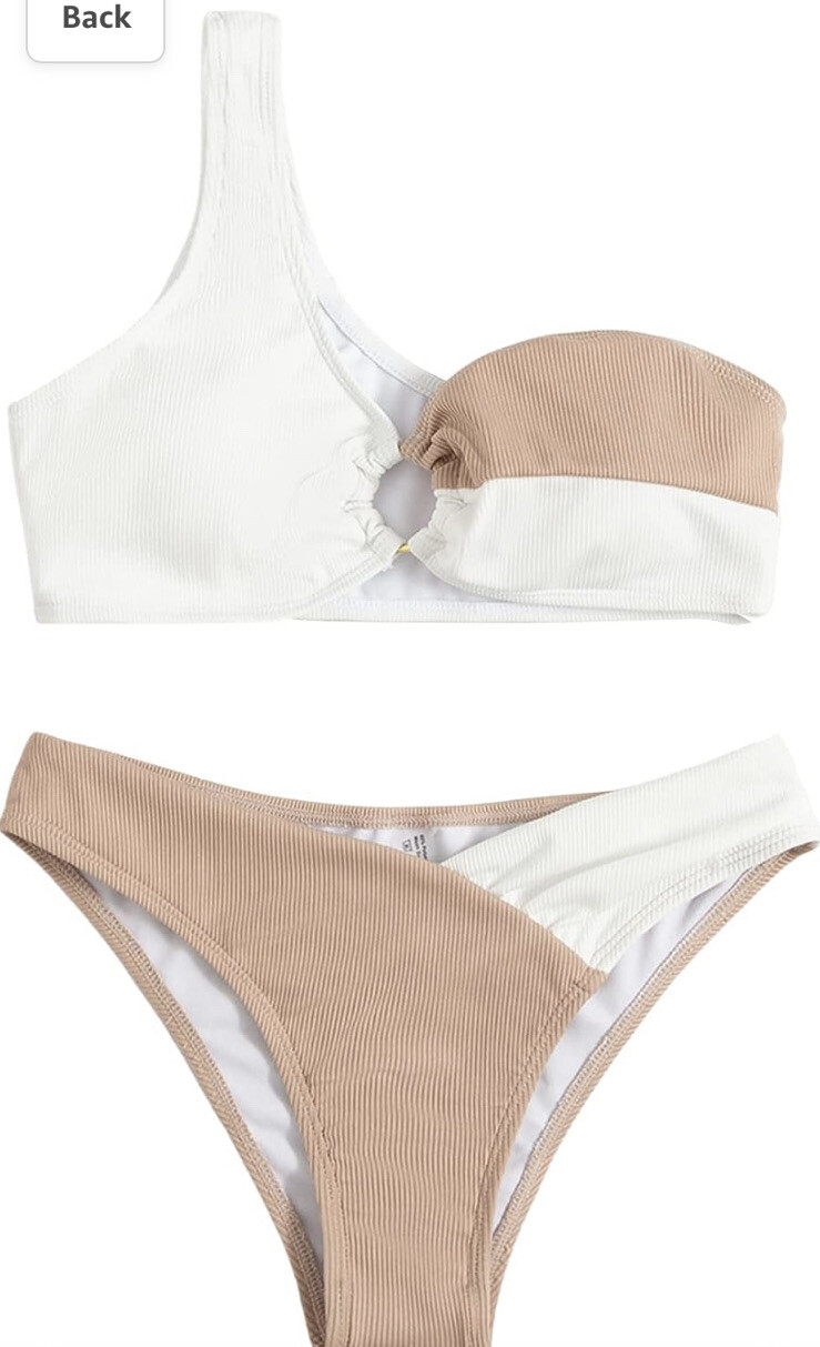 Sweatyrocks Two Piece Bathing Suit Color Block One Shoulder Khaki/White Medium