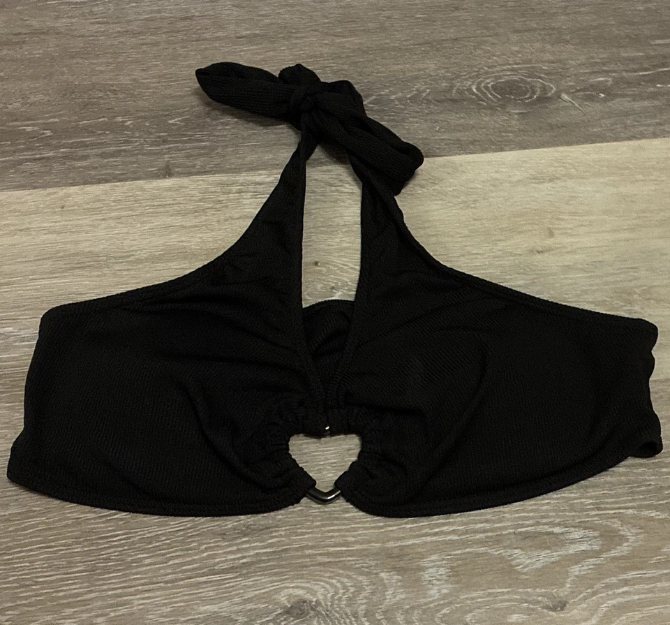 Black Ribbed Halter Bikini Swim Top 34D D Cup Heart Cutout Padded Underwired