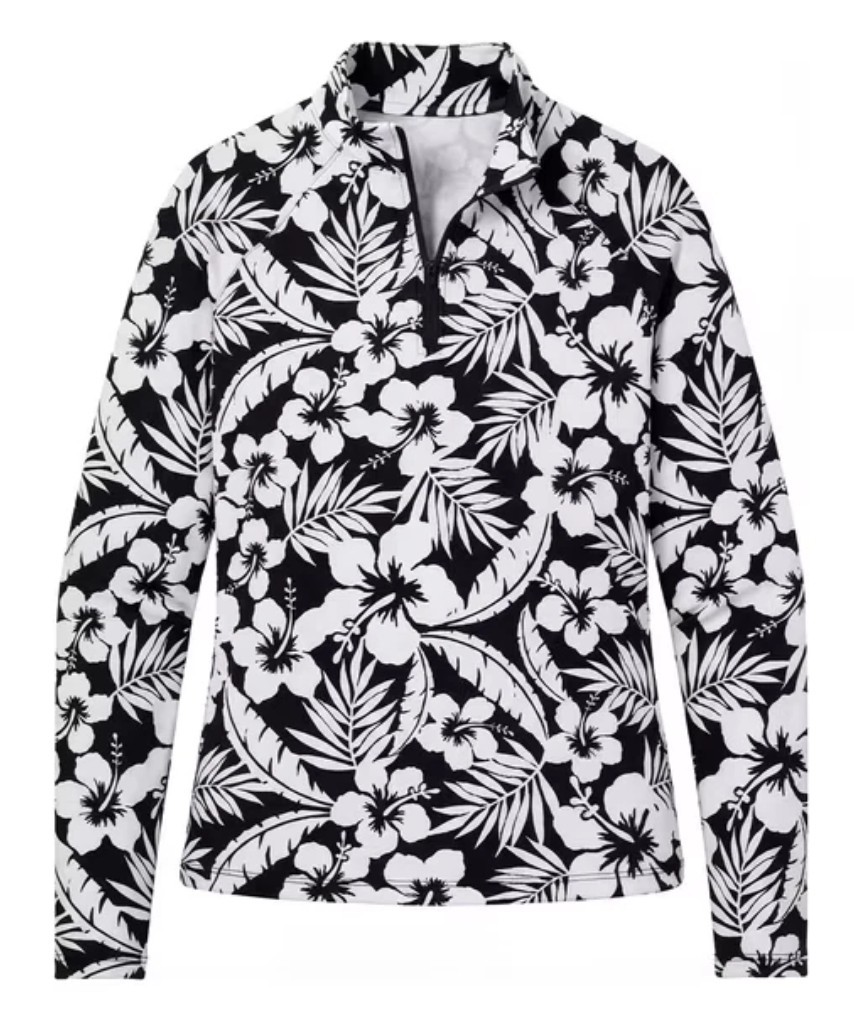 Lands’ End Women’s Quarter Zip Rashguard Size Small 6-8 Black White Floral NWOT