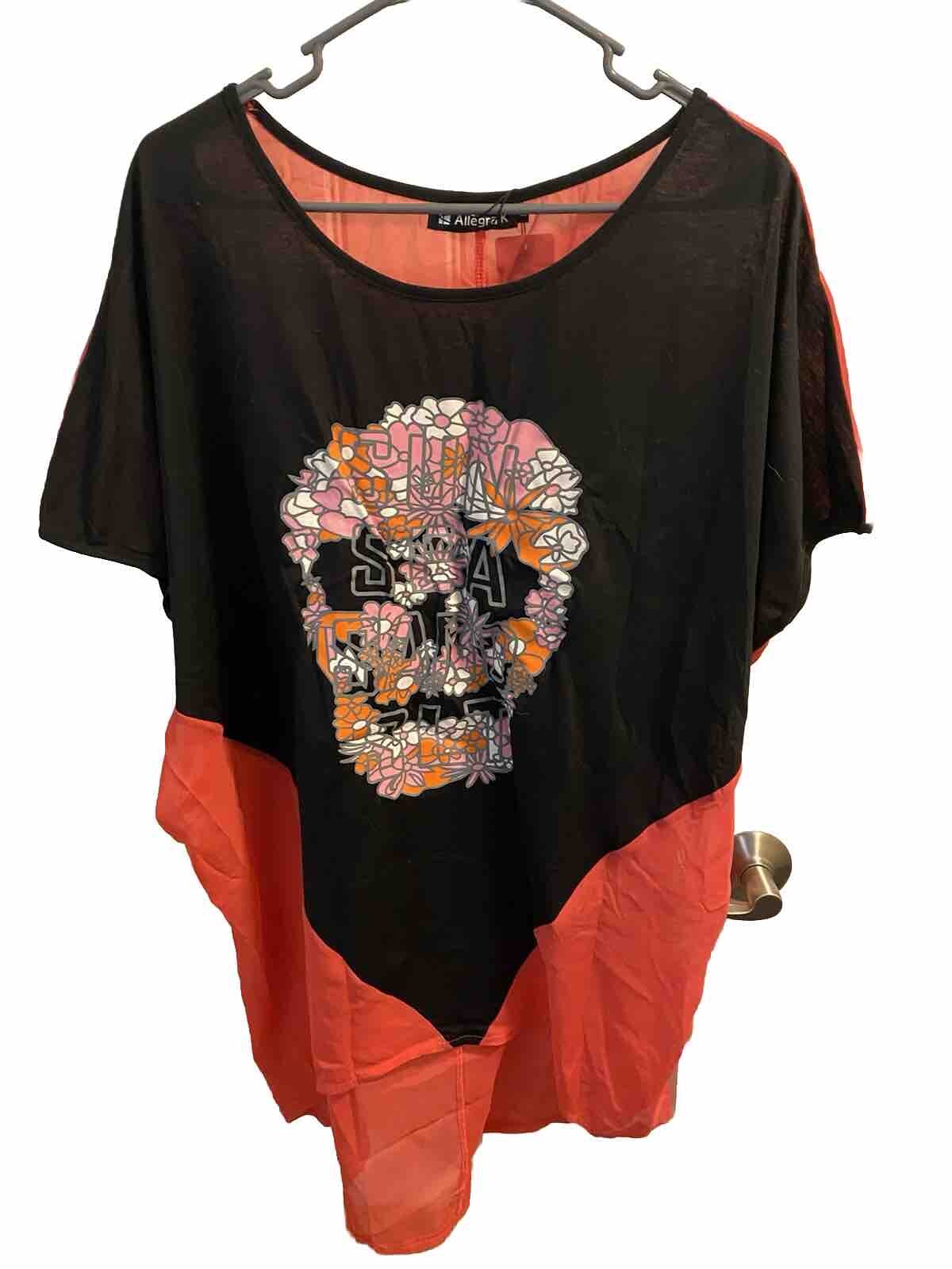 NWT Allegra K Top L Cover Up Swimsuit Cover Blouse Large Oversized Skull Sun