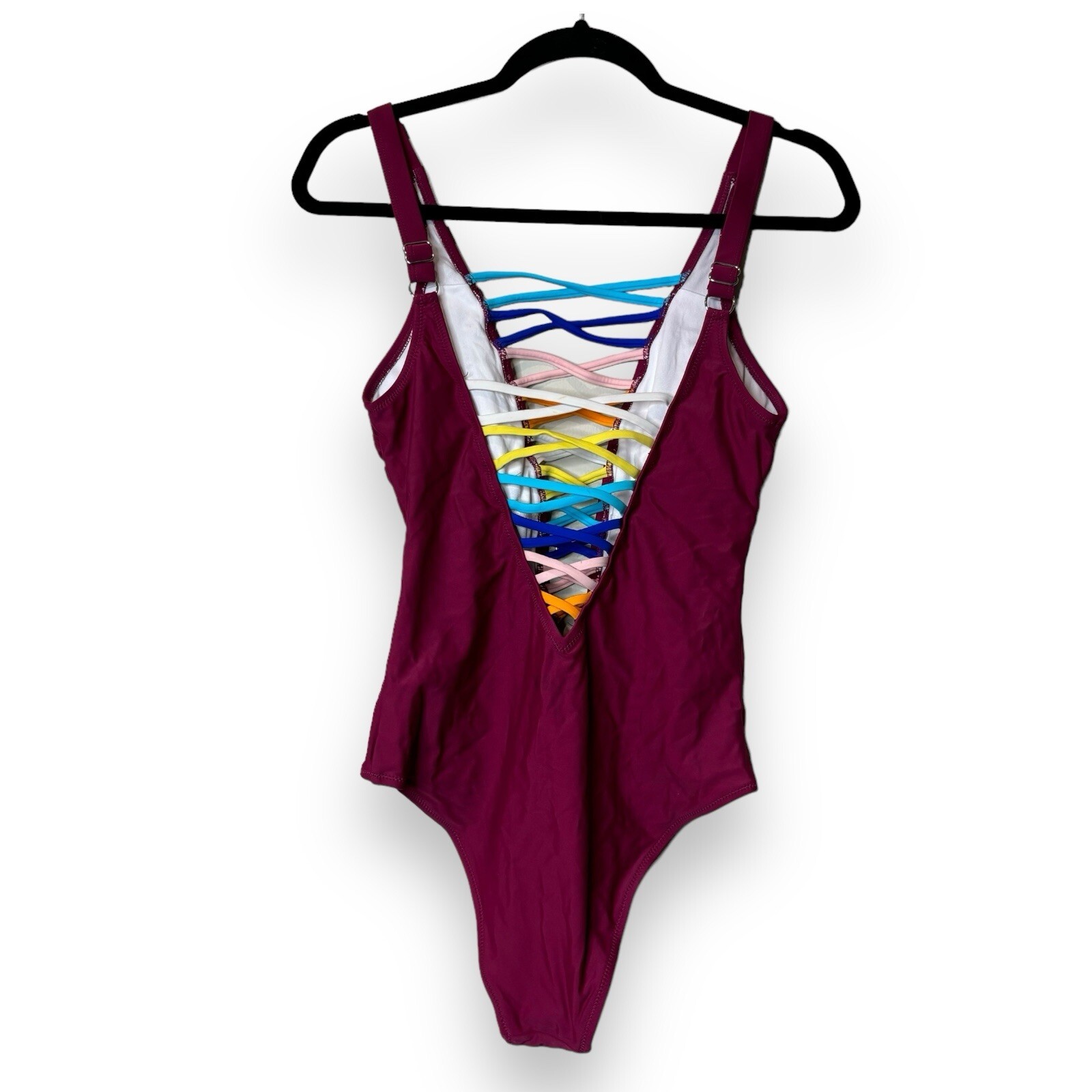Womens One Piece Swim Suit Size XL Black Pastel Straps Deep Vee