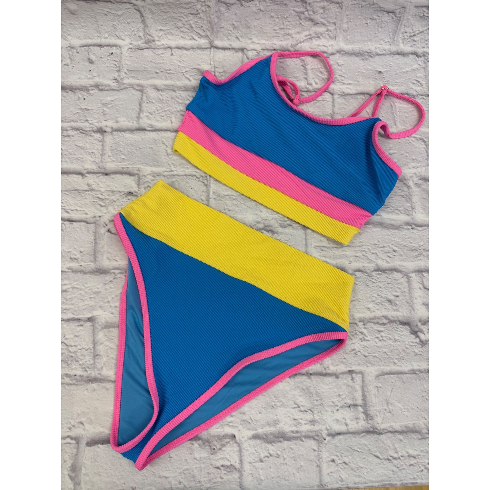 Beach Riot Bikini Set Eva Top M Emmy Bottom L Colorblock Ribbed Blue Pink Yellow