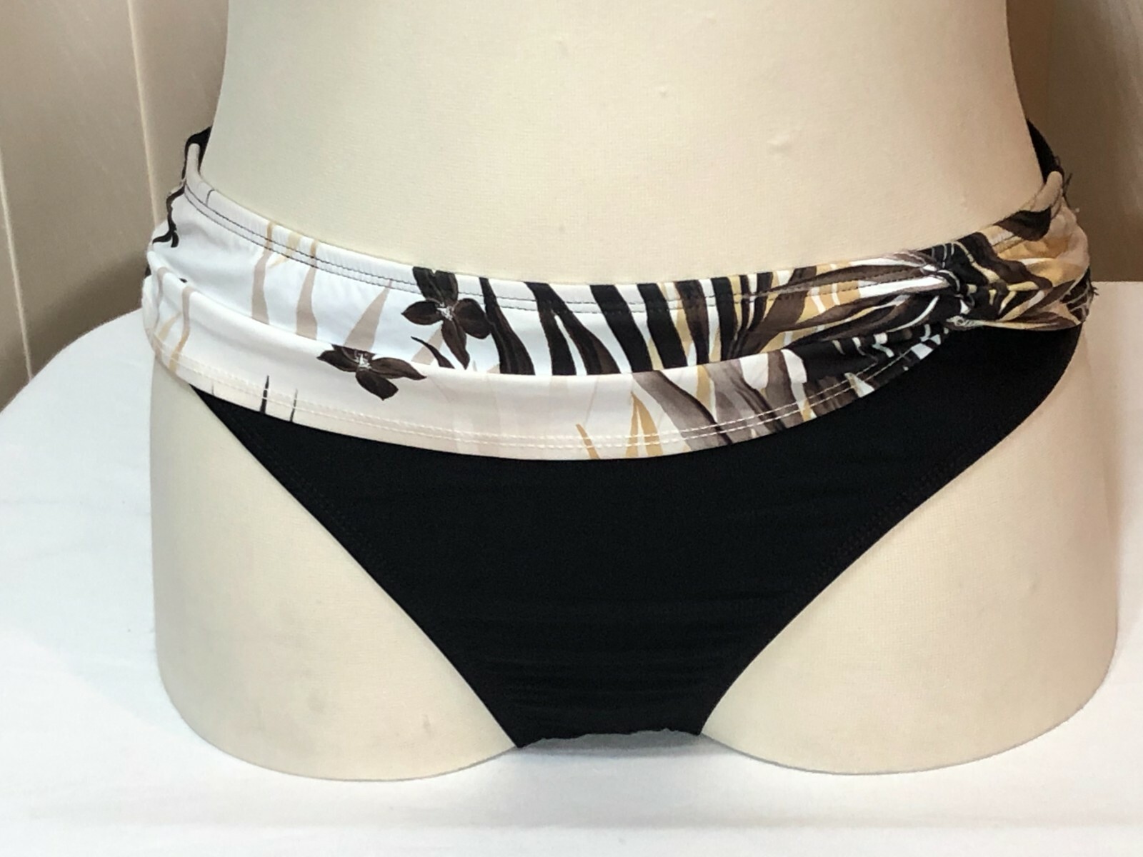 Athena Bikini Bottom 12 Banded Sash Waist Swim Brief Tan Black 67350 Womens