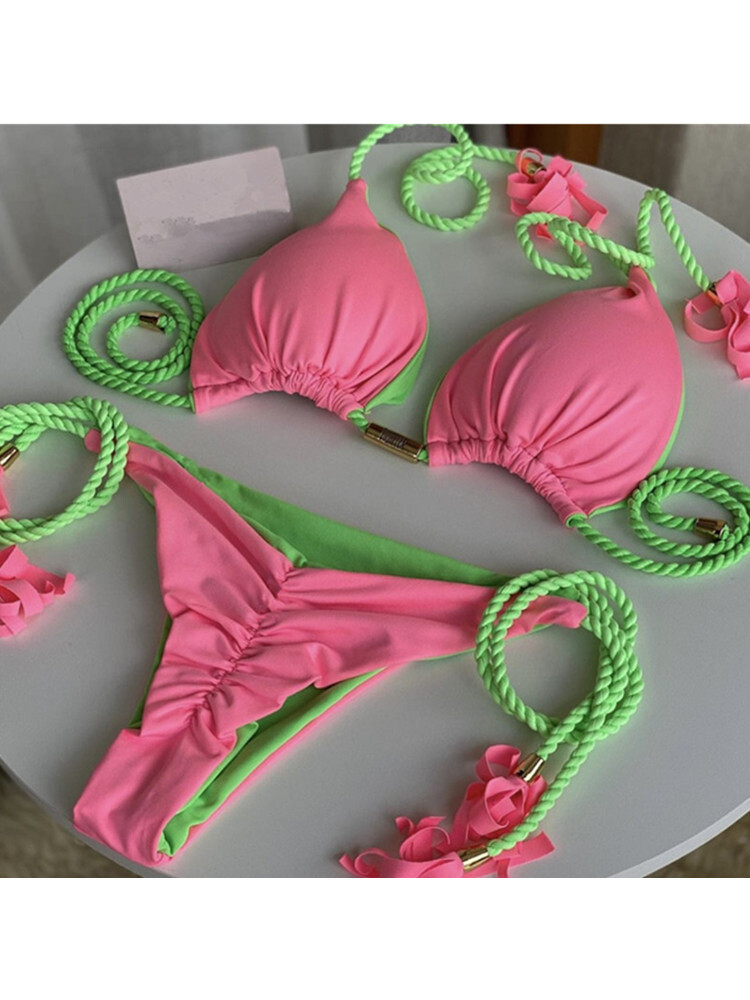 Women Sexy Push Up Bikini Set Braided String Swimwear Ruched Thong Bathing Suit