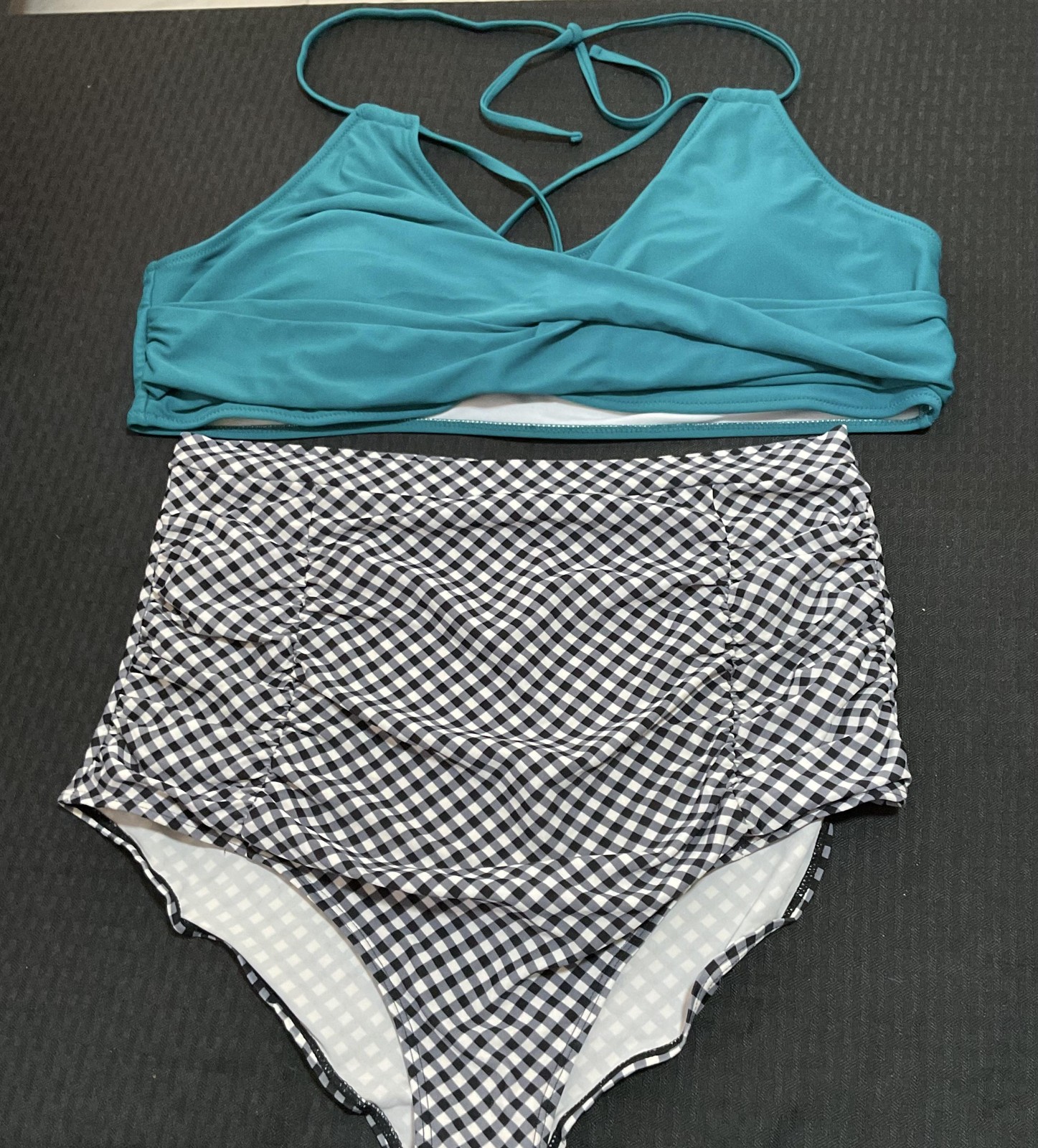Bikini Set Womens 3XL Teal Top Gingham High Waist Tummy Control 2 Piece RETRO