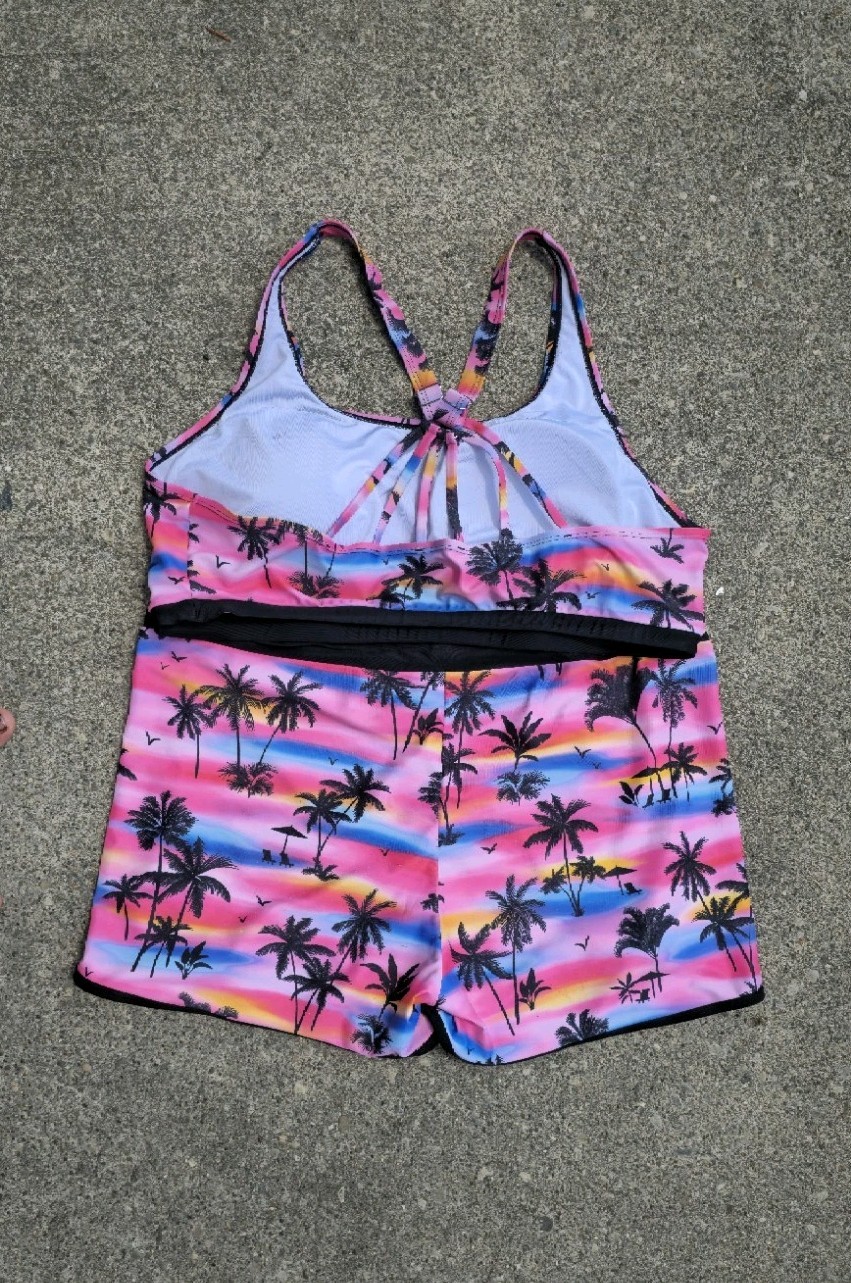 Sunset Palm Tree Swim Bikini Top & Shorts 2-Piece Set Women’s