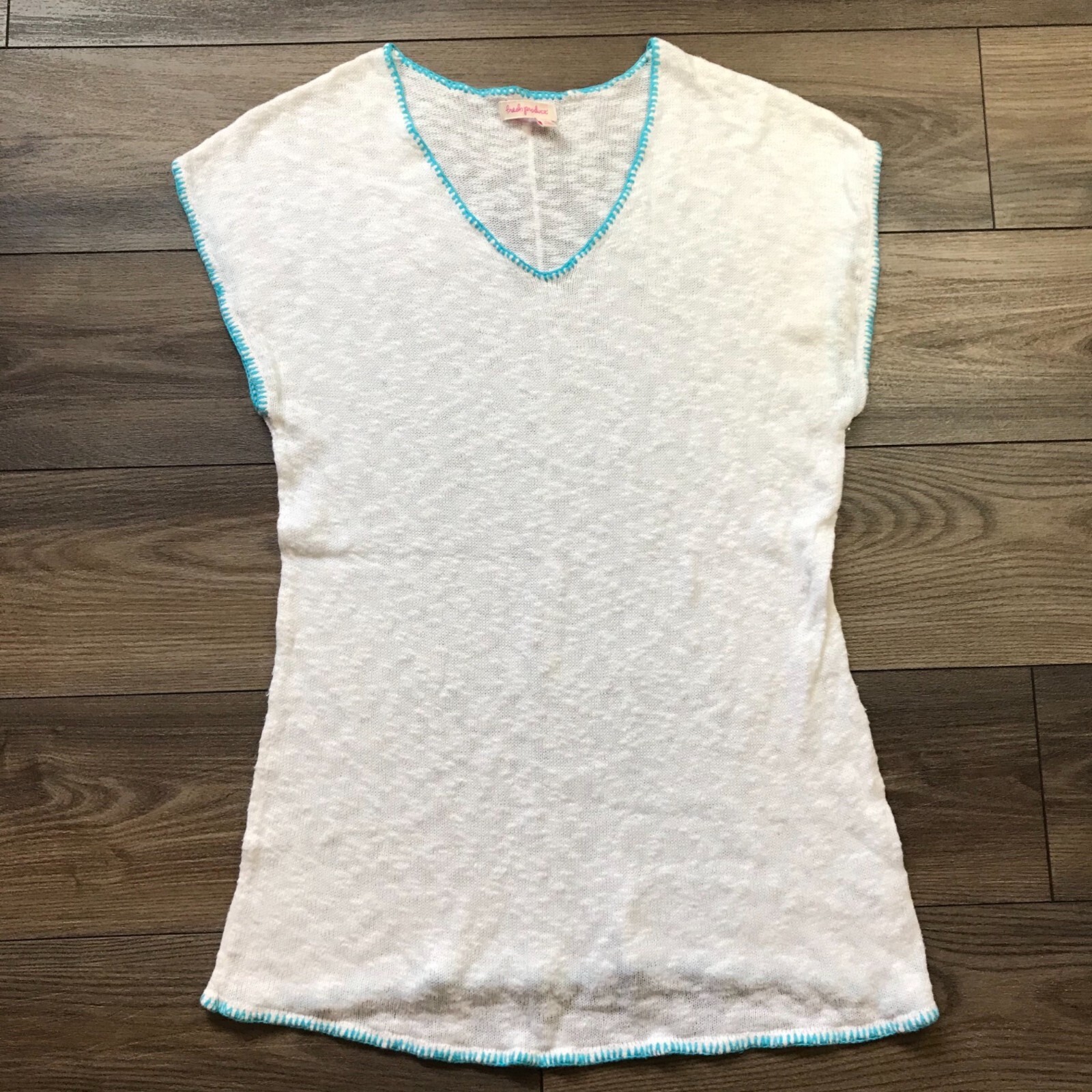 Fresh Produce Swim Cover Women’s M/L Sheer White Turquoise Trim Cotton, Linen