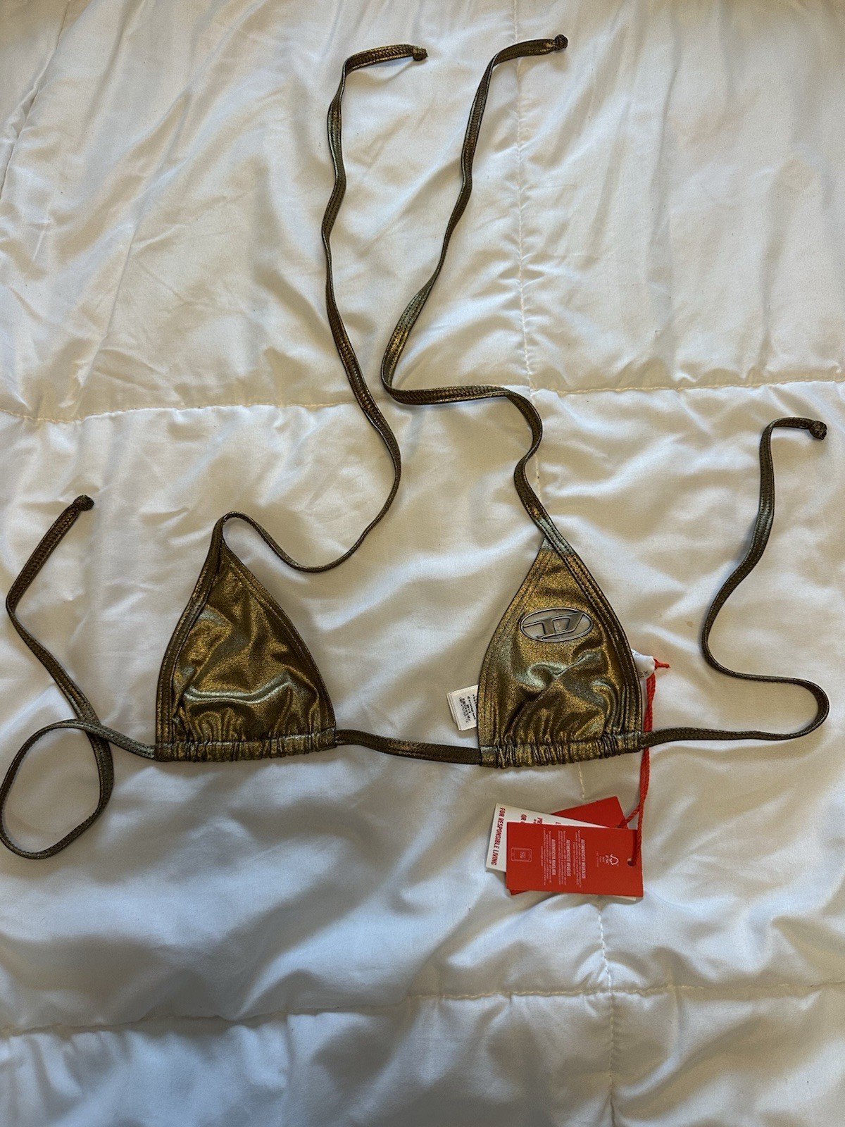 Diesel Metallic Gold Triangle Halter Bikini Top w/ Logo Accent, Women’s XXS