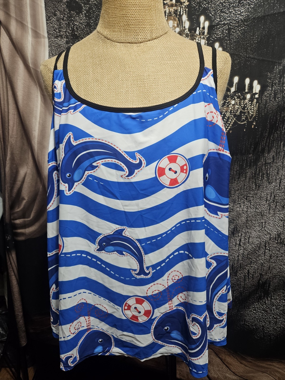 UNBRANDED, WOMEN’S RED/BLUE POLY BL NAUTICAL DOLPHIN BANDEAU TANKINI, SIZE 4X