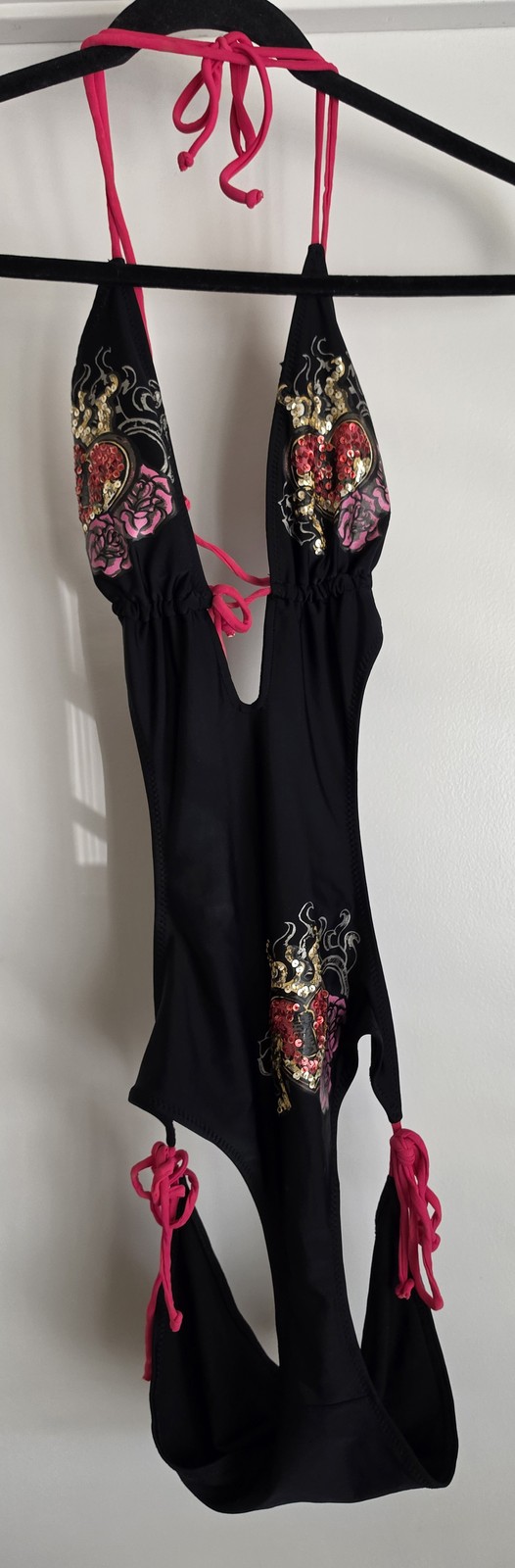 Women’s One Piece Swimsuit Black Pink Floral Heart Halter Y2K USA Made Monokini