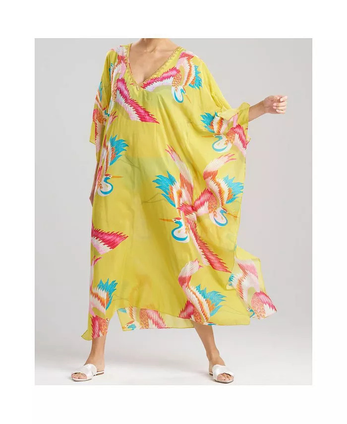 Natori FEBRUARY CRANE COTTON SILK Caftan with Sequins Chartreuse Green XS/S nwt