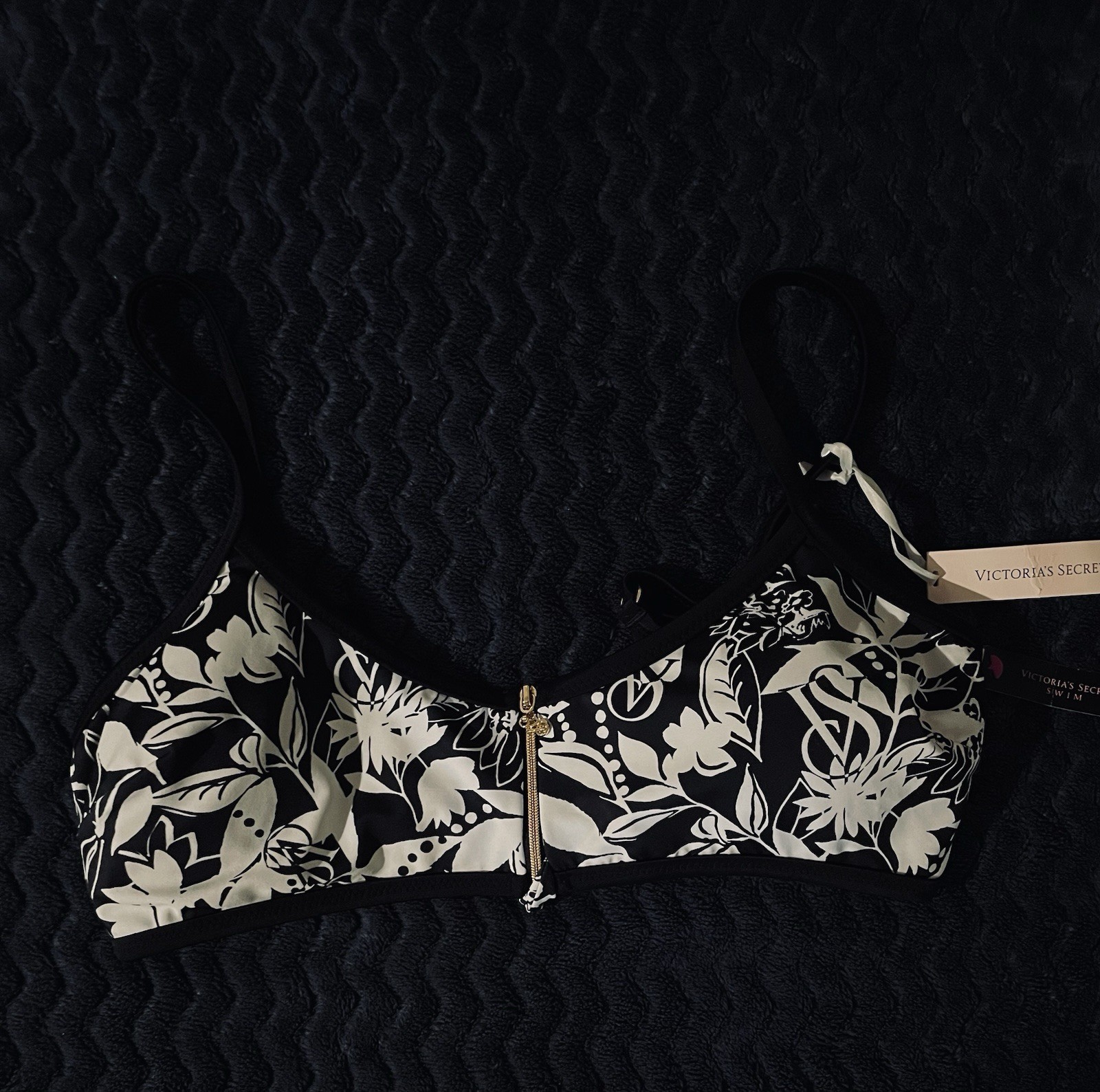 Victorias Secret Black White Iconic Scoop L Zipper Swim Bikini Top Swimsuit New