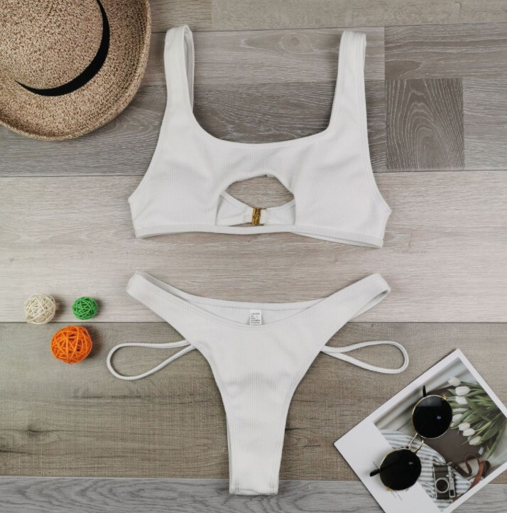 Women’s Sexy Scoop Neck Cutout Strappy Soild Bottom Bikini Sets 2PCS Swimsuits