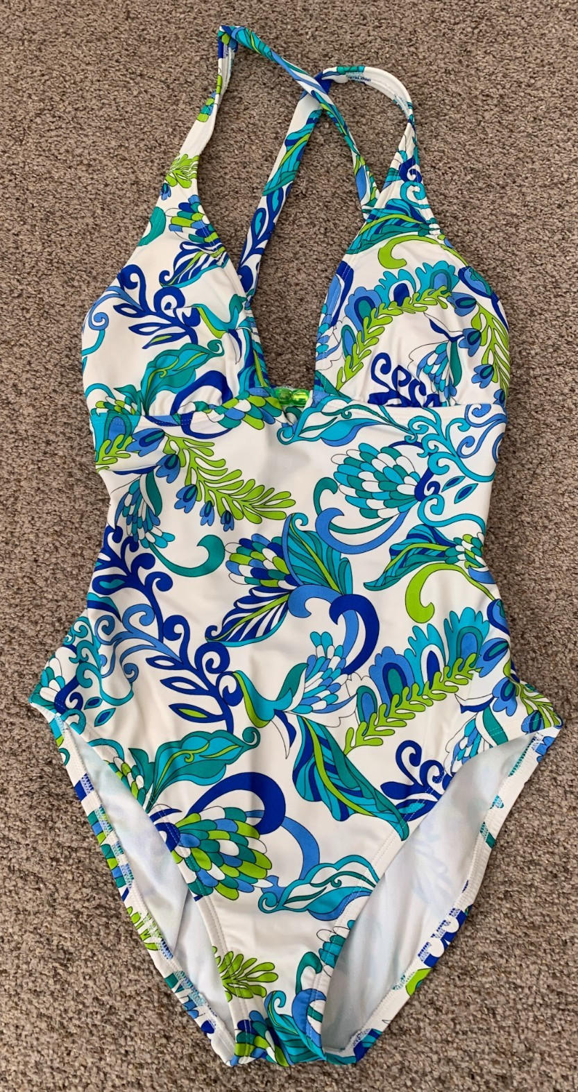 Allen B. Schwartz One Piece Swimsuit Size 8 Blue Green Paisley Wireless Plunge