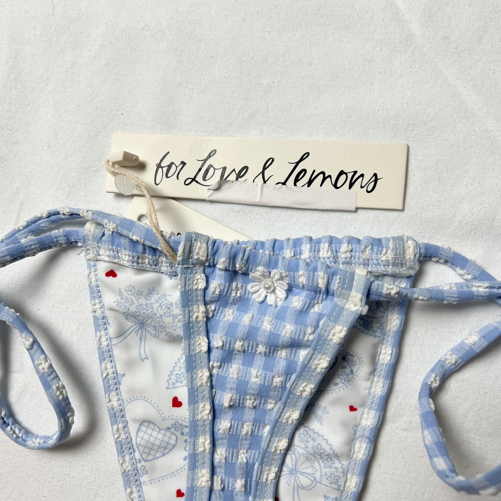 for love & lemons bay blue gingham flower thong micro bikini bottoms