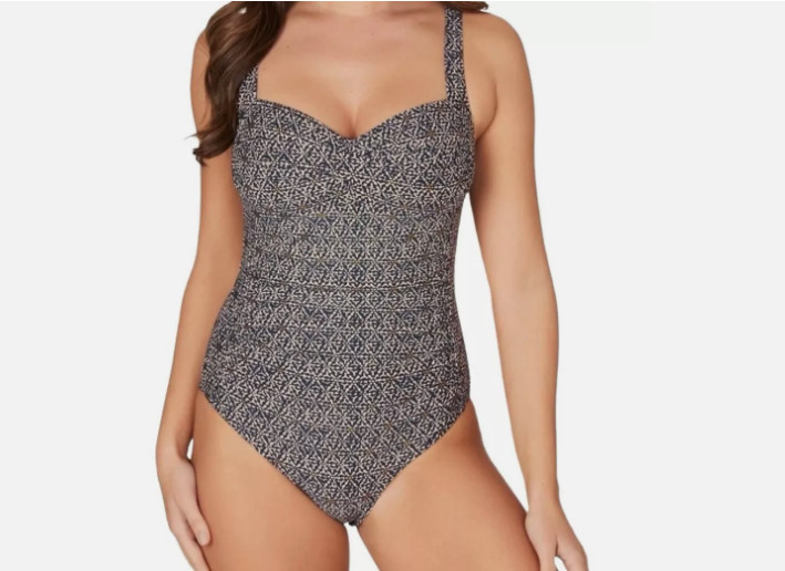NIP TUCK SWIM Joanne Navy Beige Gold Twist Front 1-Piece Swimsuit Lined Size 12