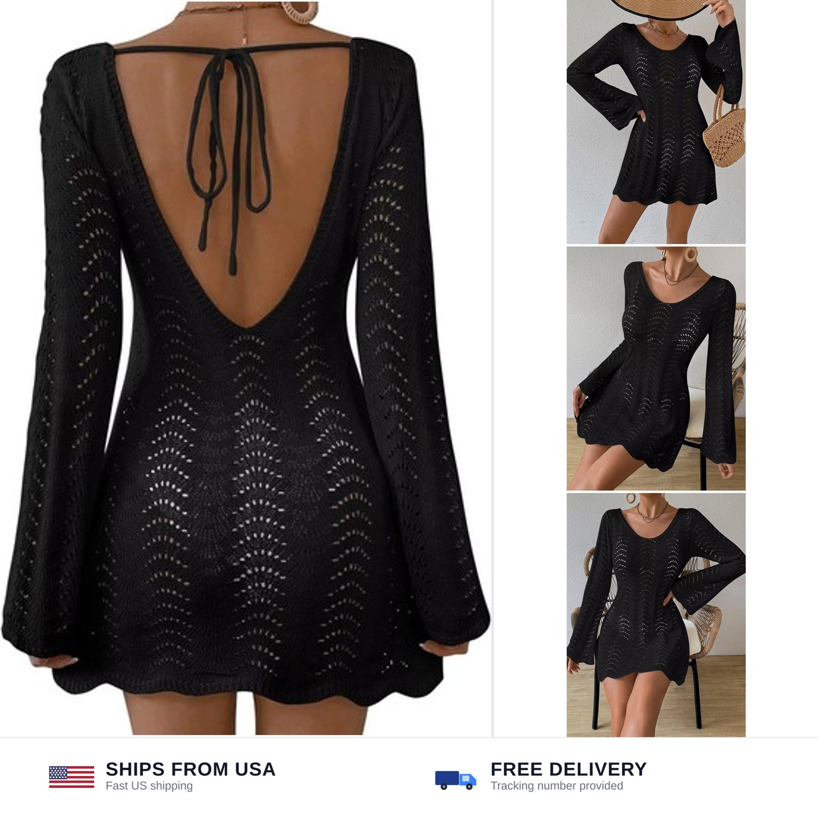 Falechay Womens Swimsuit Cover Up Long Sleeve Crochet Bathing Suit Mesh Backl…