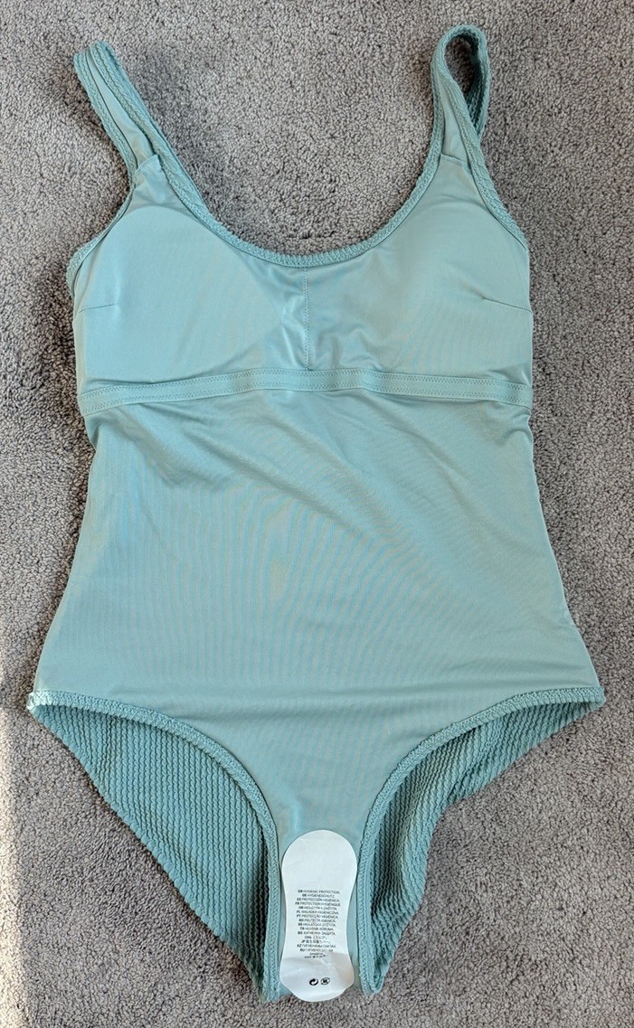 NWT H&M One Piece Swimsuit Seersucker Teal Size Small Padded Cute!