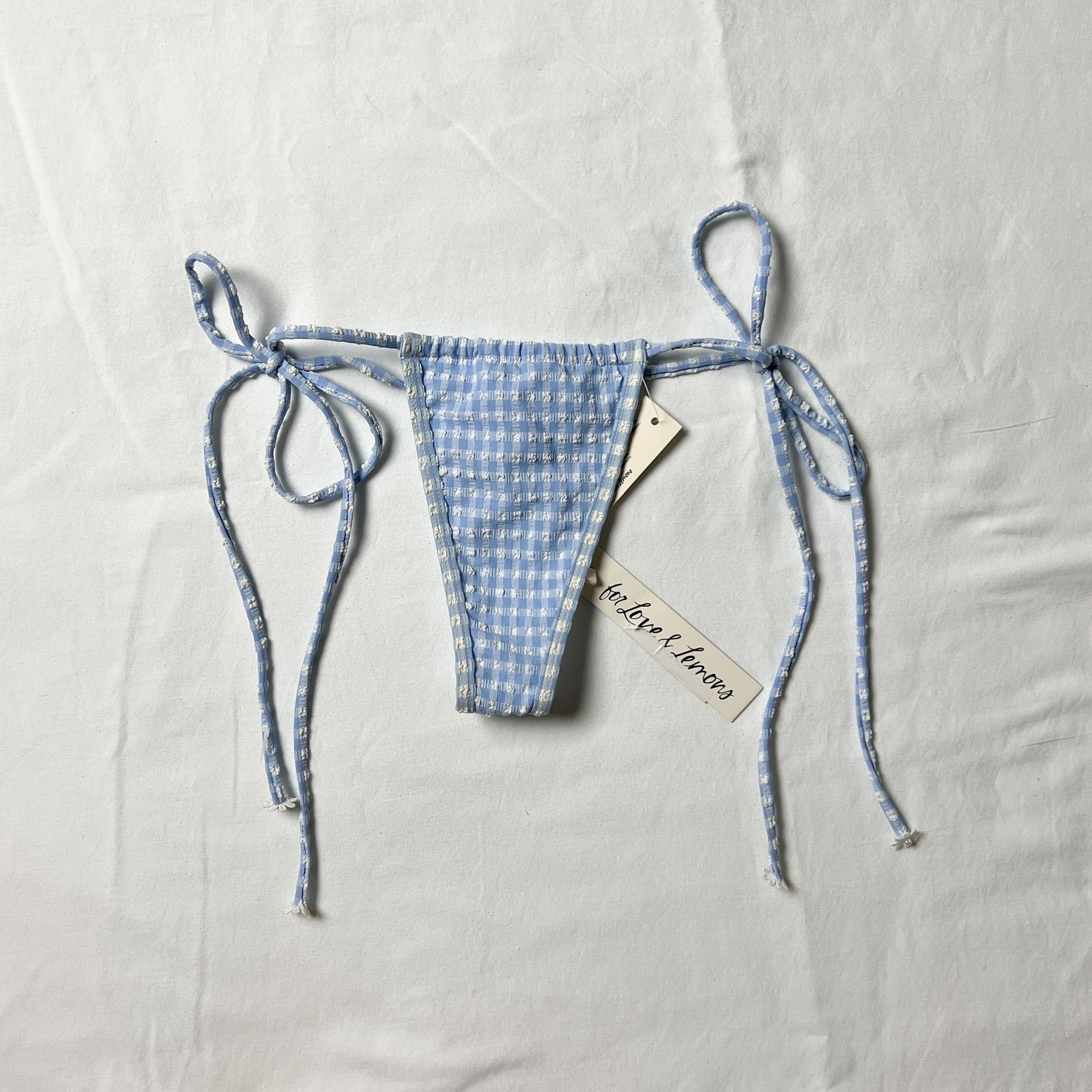 for love & lemons bay blue gingham flower thong micro bikini bottoms