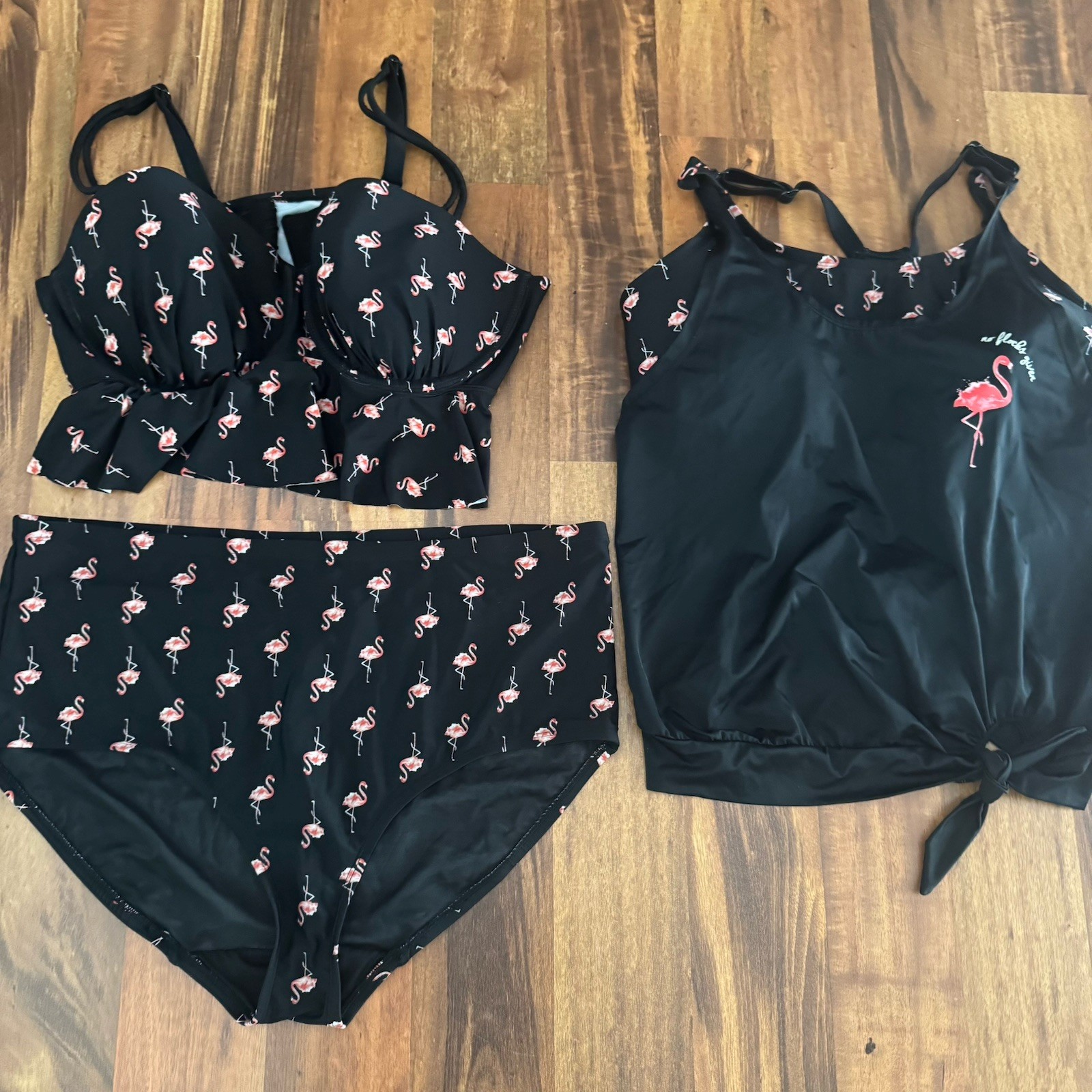 NWOT – SWIM BY Cacique – Lane Bryant Black Flamingo 3 Pc Swimsuit Sz 18 w/2 Tops