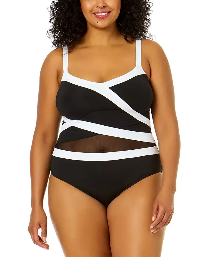 $122 Anne Cole Womens 18W One Piece Swimsuit Contrast Trim In Black White